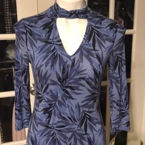 Blue leaf high collar dress NWOT